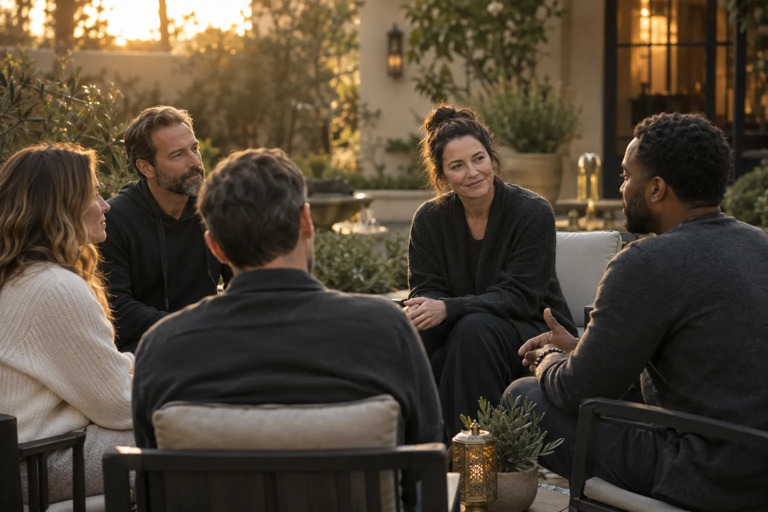 Alumni group gathered in a treatment center courtyard at golden hour