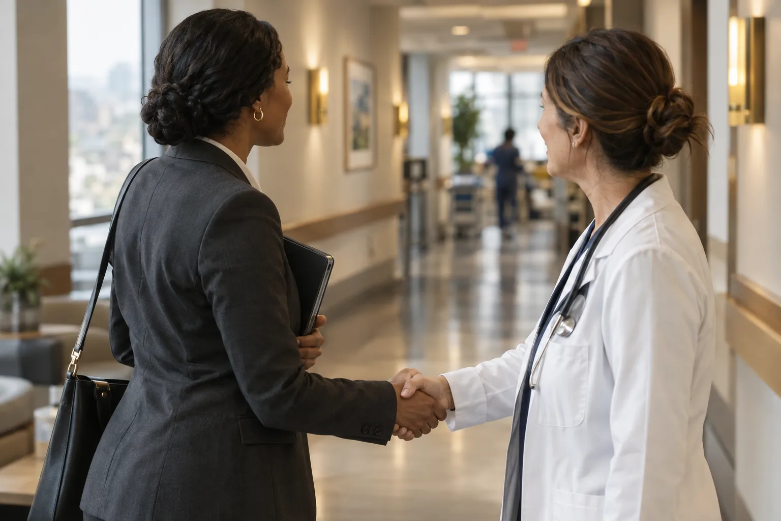Outreach liaison greeting a clinician in a hospital corridor